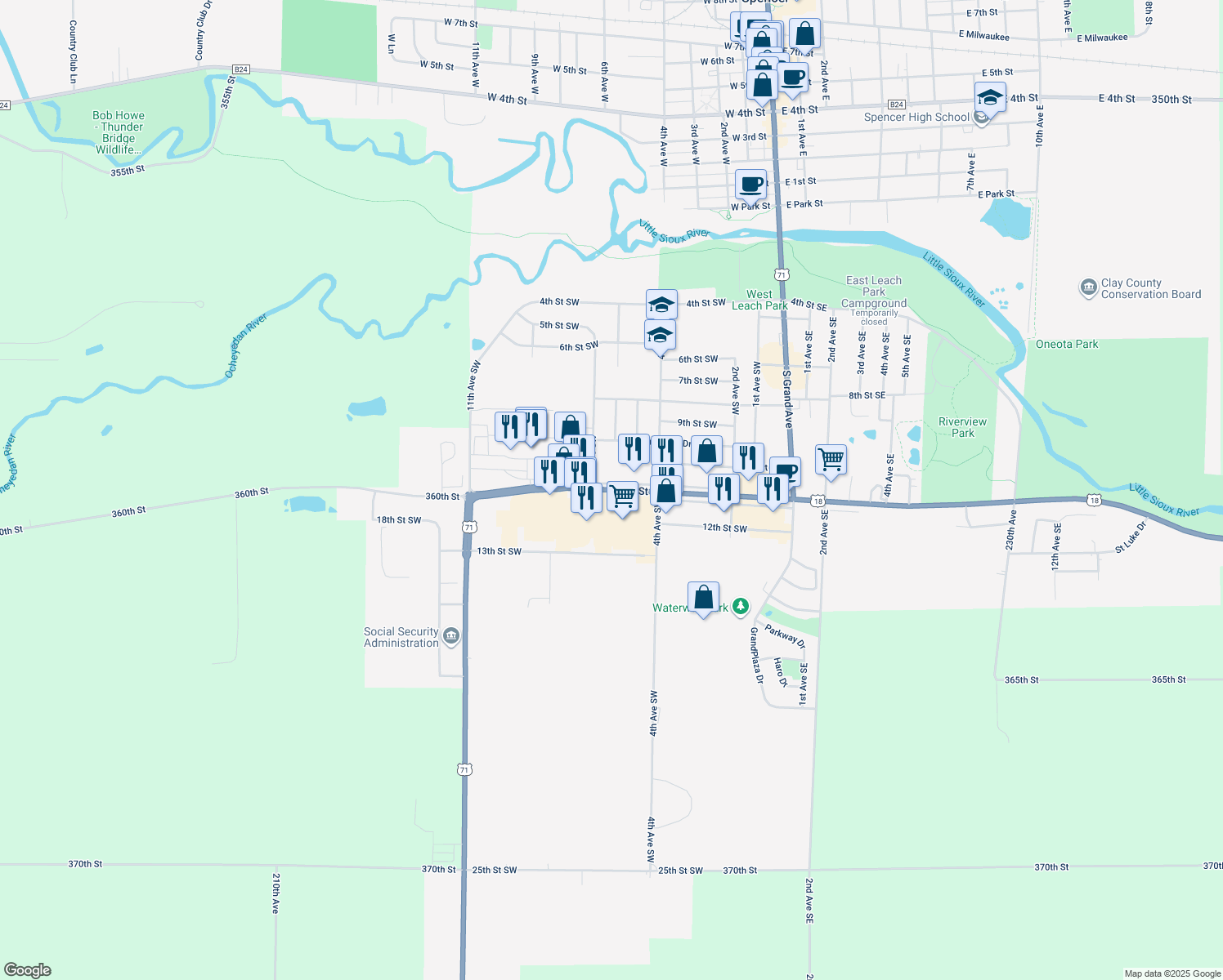 map of restaurants, bars, coffee shops, grocery stores, and more near 608 11th Street Southwest in Spencer