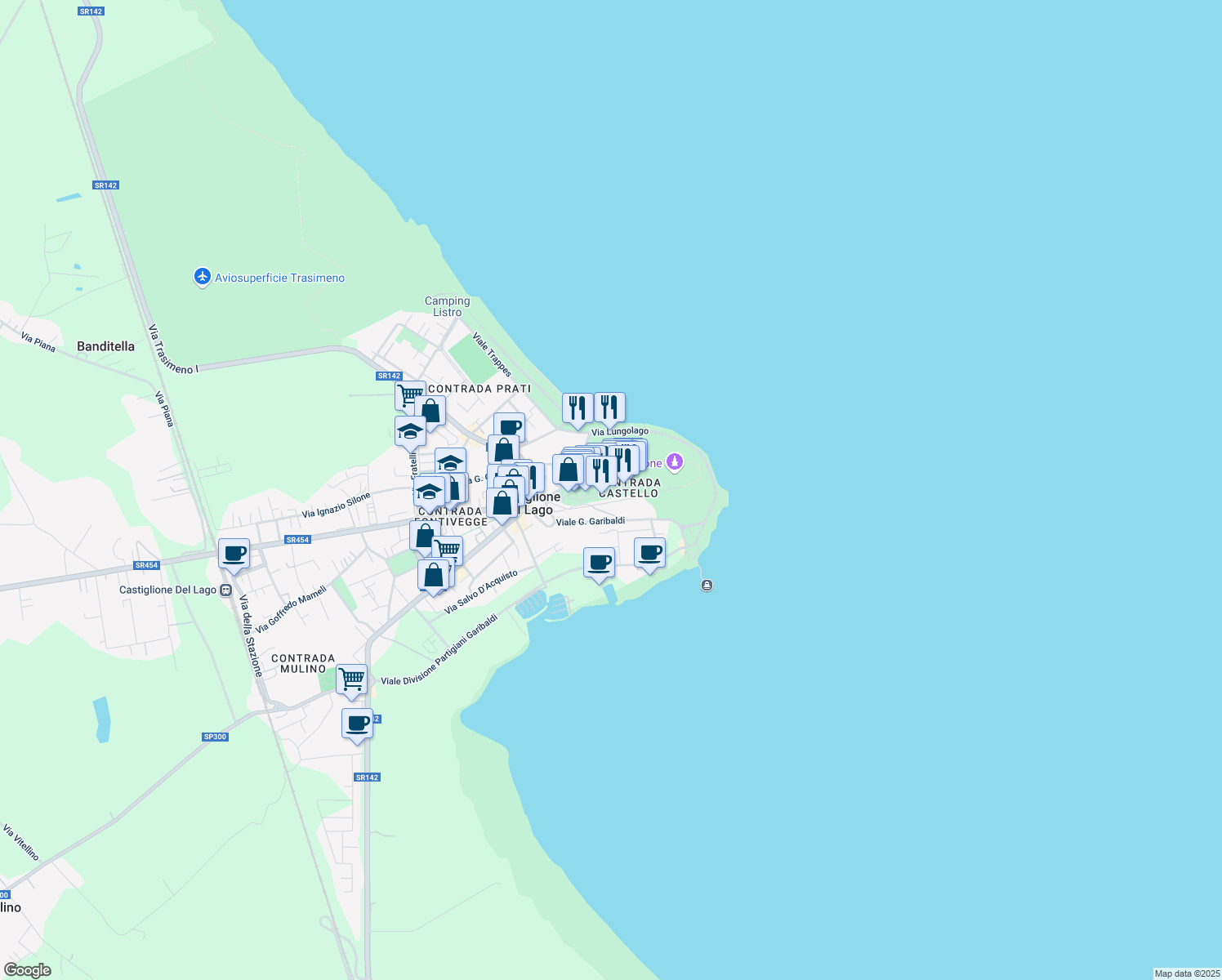 map of restaurants, bars, coffee shops, grocery stores, and more near 16 Via Belvedere in Castiglione del Lago