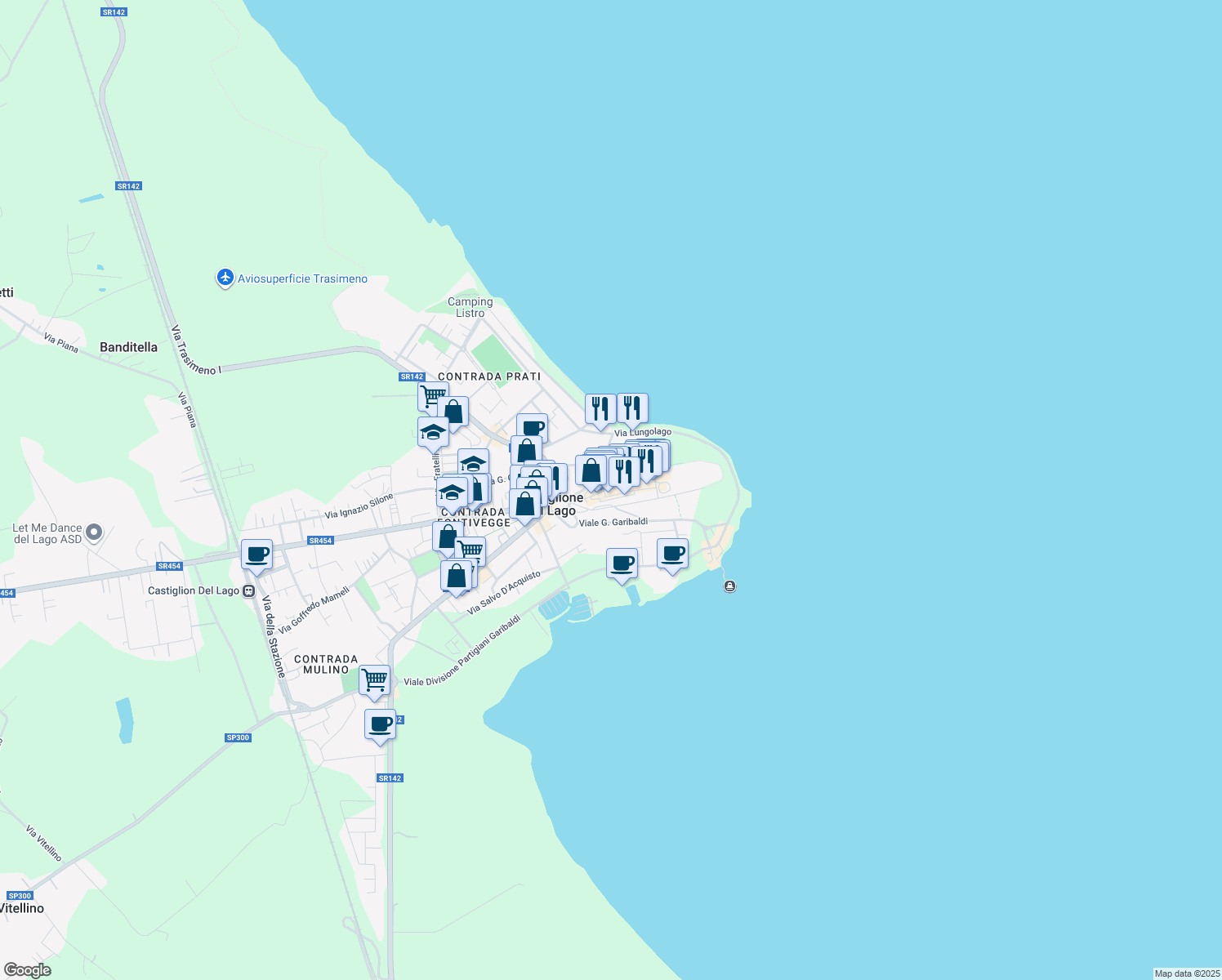 map of restaurants, bars, coffee shops, grocery stores, and more near 36 Via Vittorio Emanuele in Castiglione del Lago