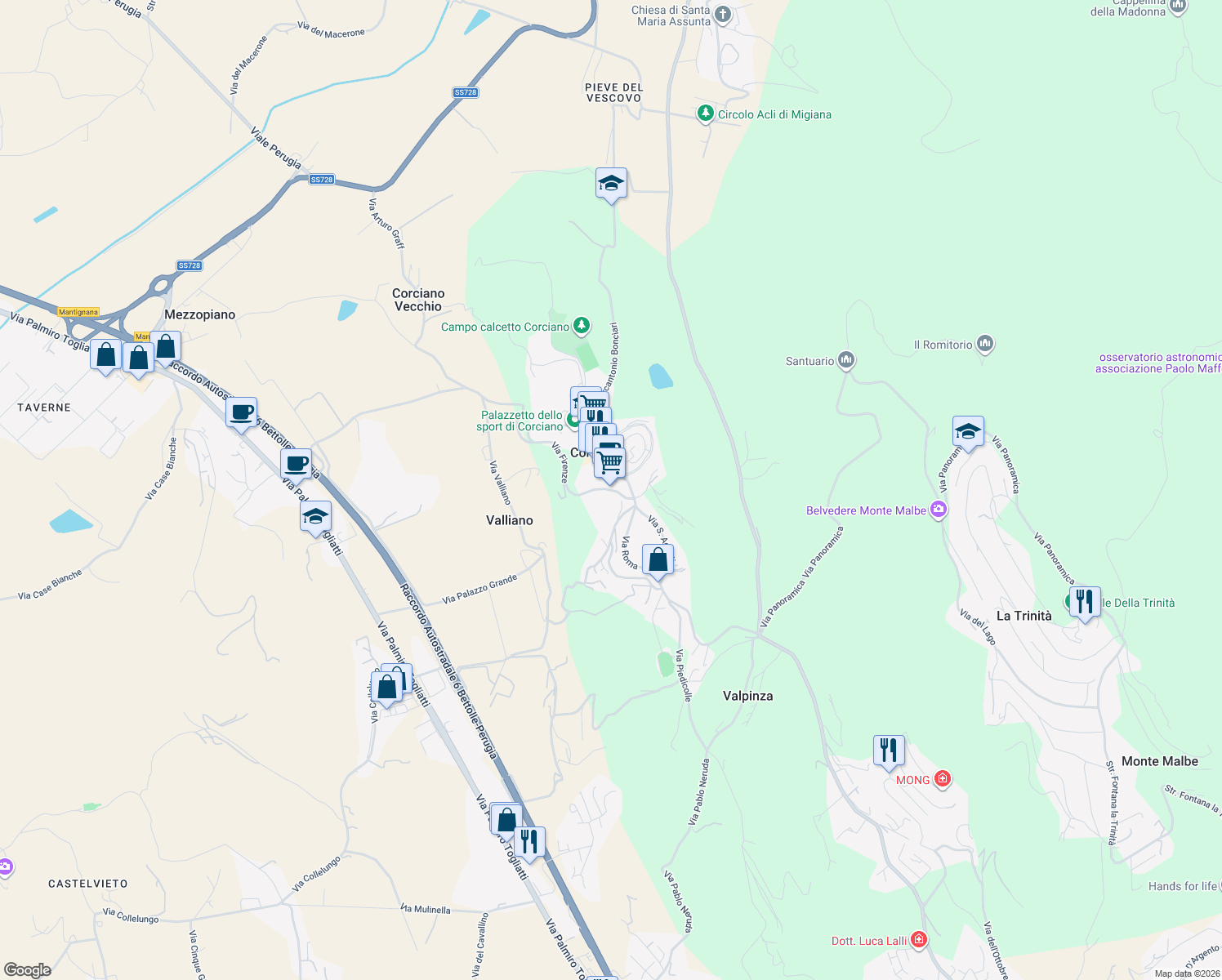 map of restaurants, bars, coffee shops, grocery stores, and more near 4 Via Firenze in Corciano