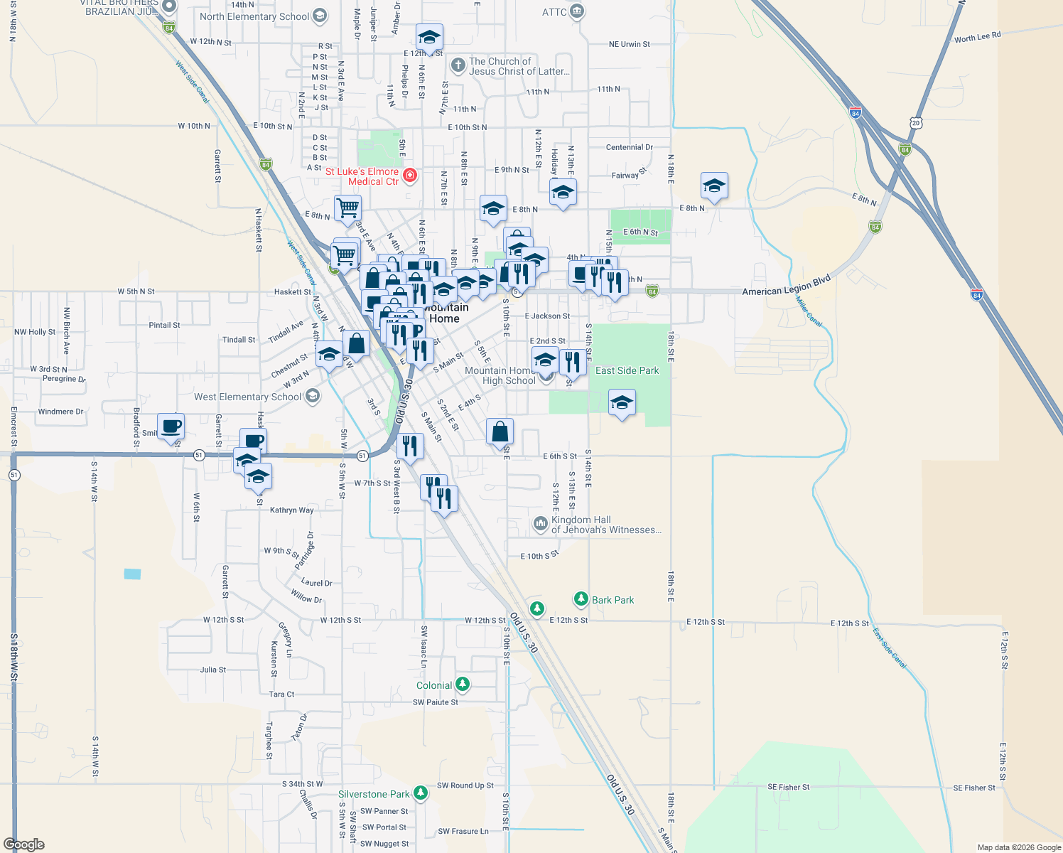 map of restaurants, bars, coffee shops, grocery stores, and more near 515 Samarra Drive in Mountain Home