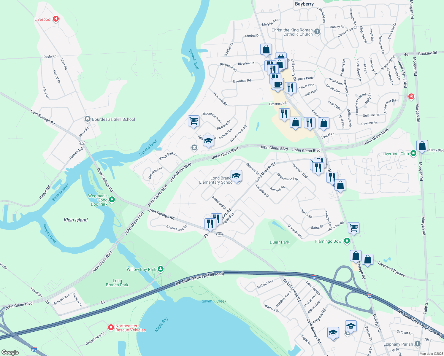 map of restaurants, bars, coffee shops, grocery stores, and more near 212 Juanita Drive in Liverpool