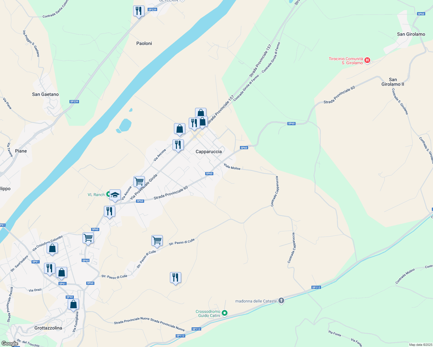 map of restaurants, bars, coffee shops, grocery stores, and more near 22 Via Lazio in Capparuccia