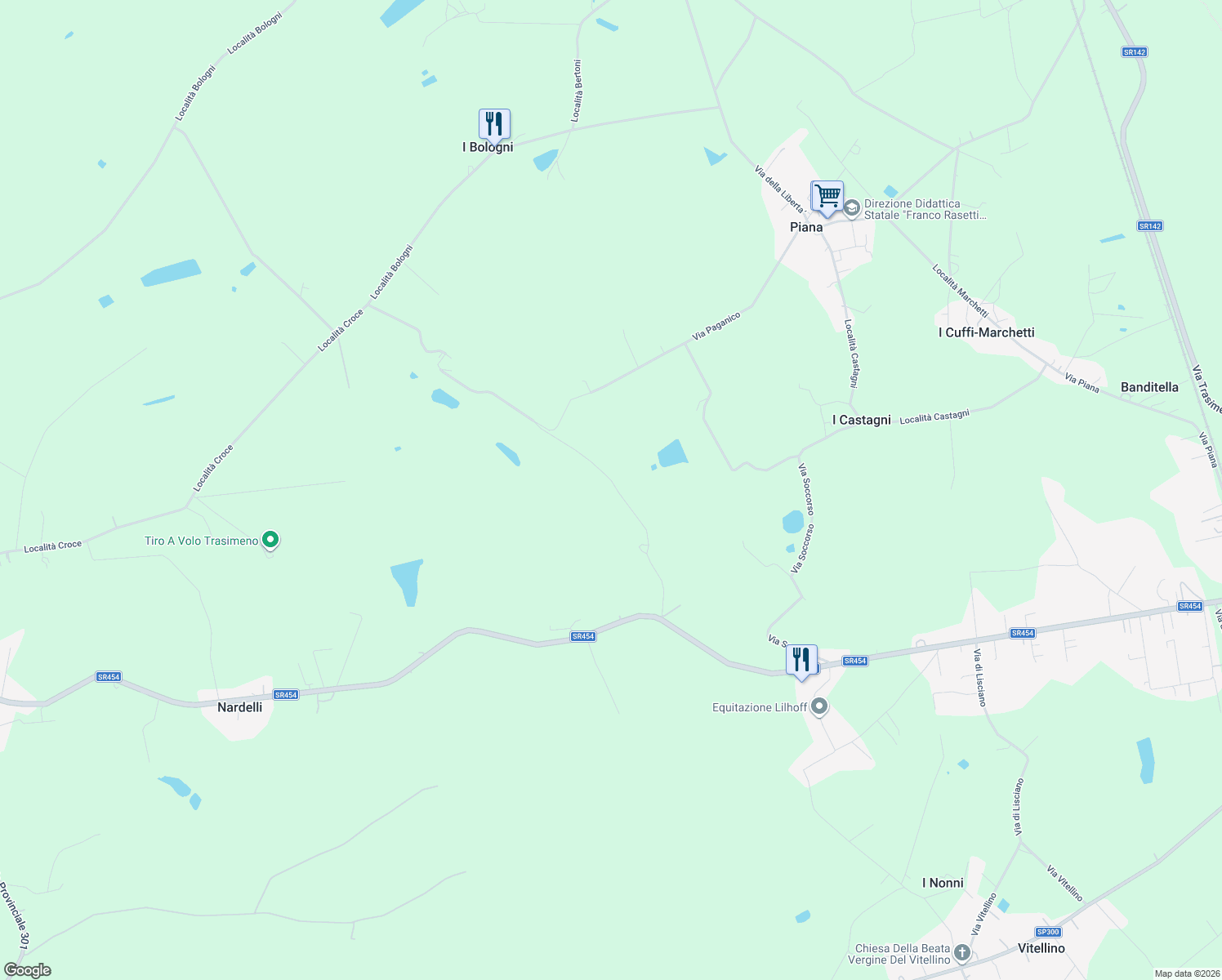 map of restaurants, bars, coffee shops, grocery stores, and more near 68 Località Croce in Castiglione del Lago