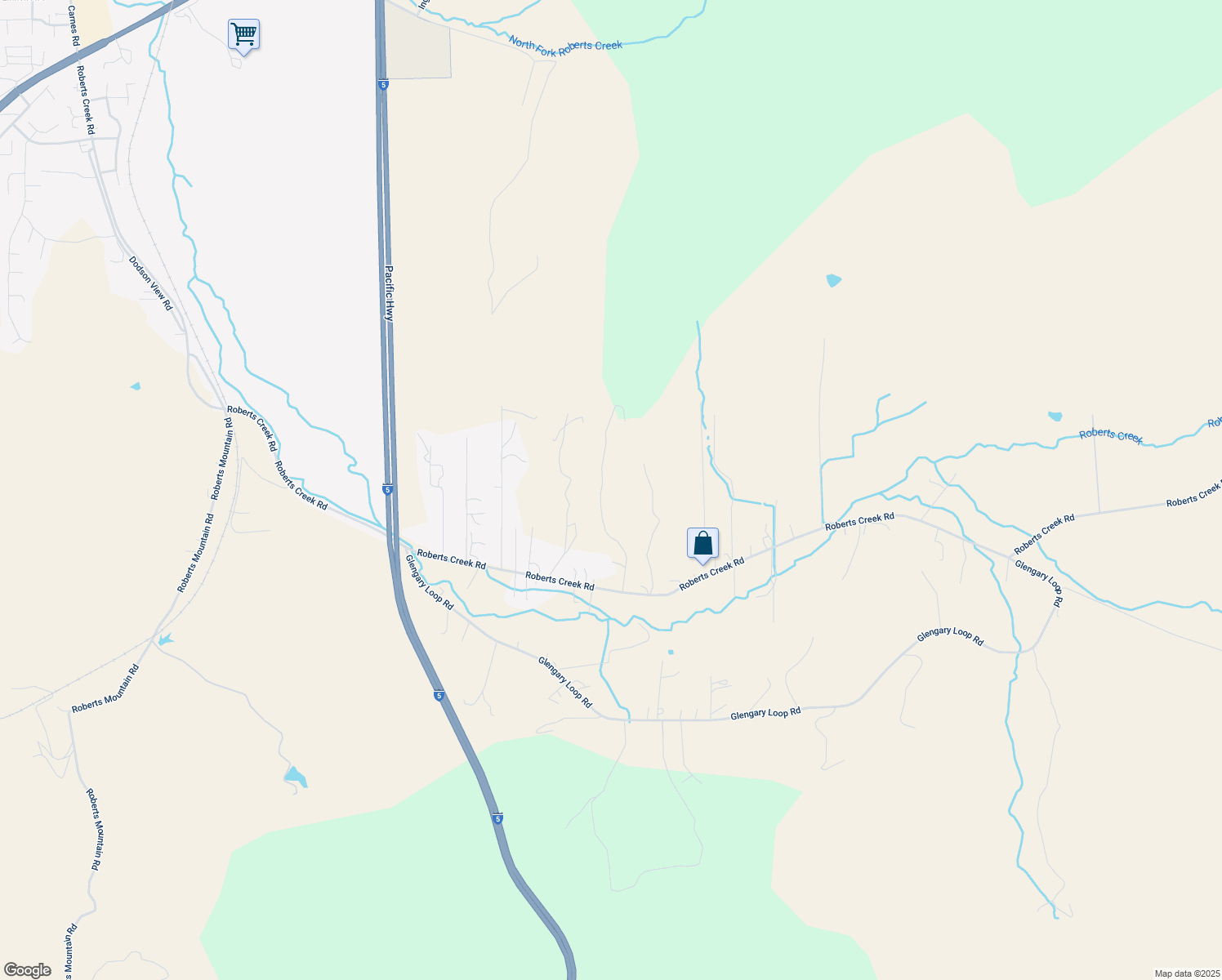 map of restaurants, bars, coffee shops, grocery stores, and more near 2416 Roberts Creek Road in Roseburg