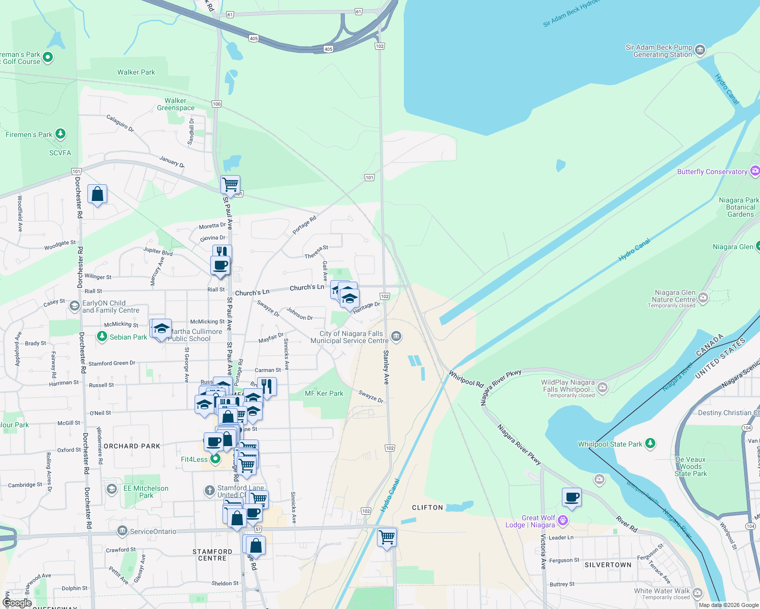 map of restaurants, bars, coffee shops, grocery stores, and more near 5552 Heritage Drive in Niagara Falls