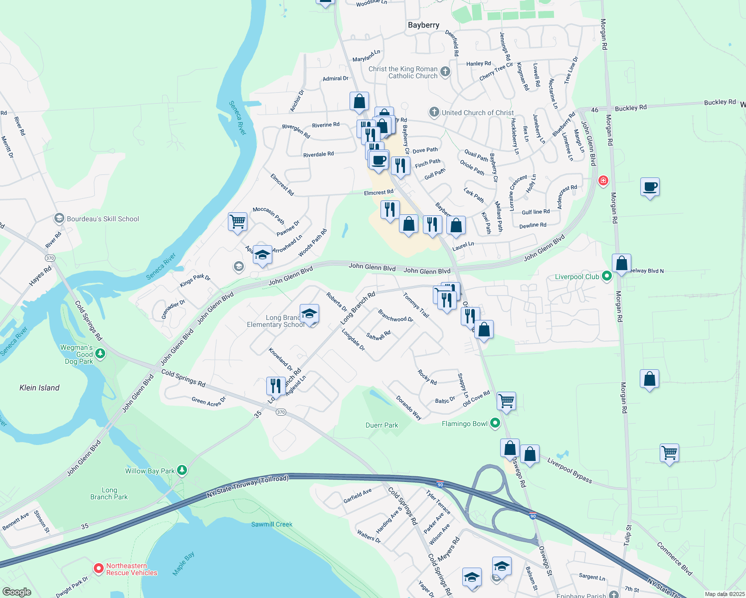 map of restaurants, bars, coffee shops, grocery stores, and more near 4132 Long Branch Rd in Liverpool