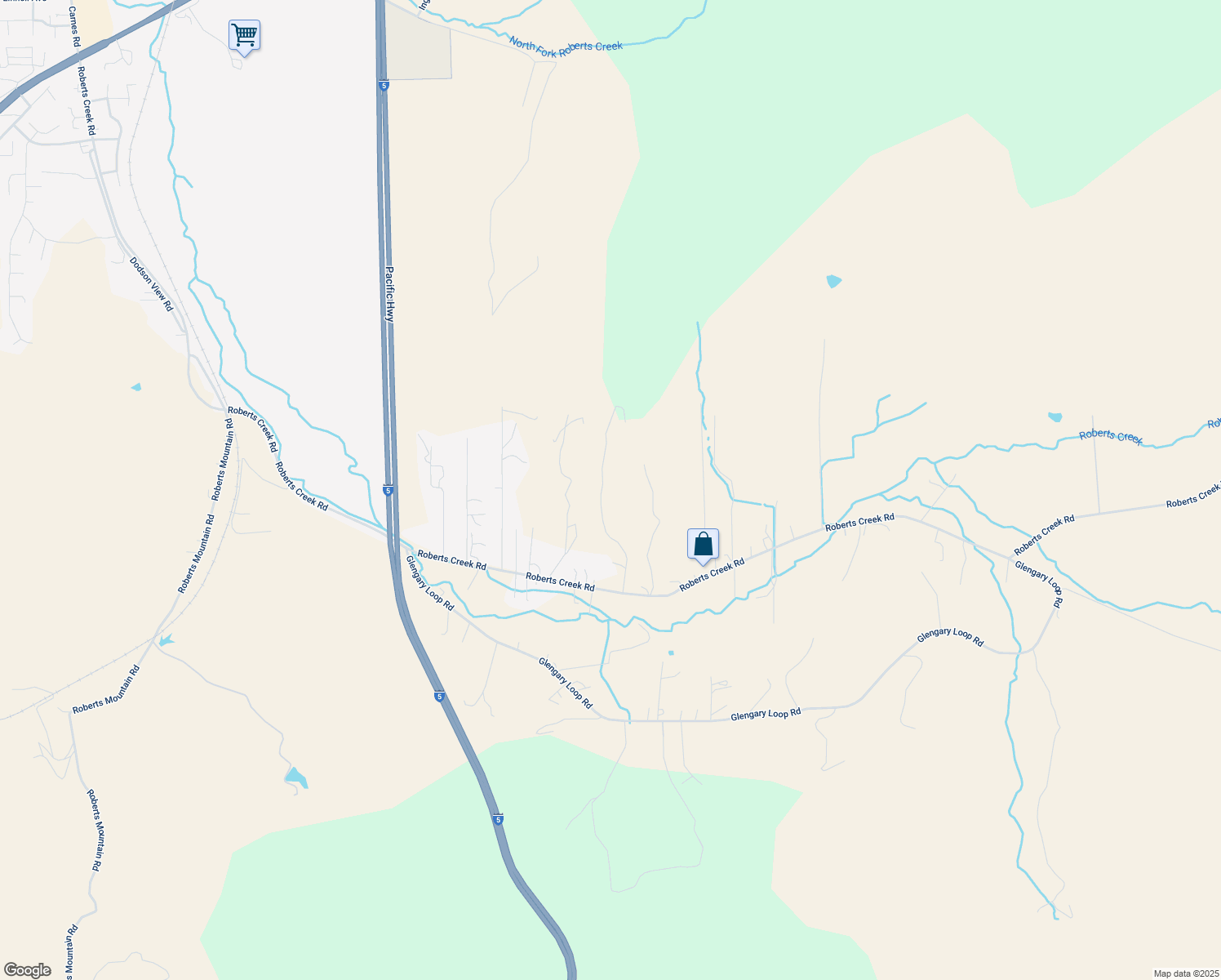 map of restaurants, bars, coffee shops, grocery stores, and more near 2416 Roberts Creek Road in Roseburg