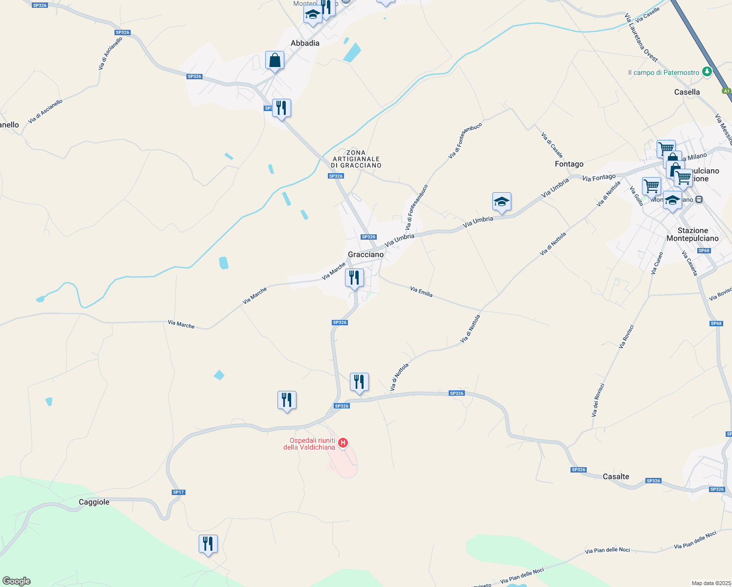 map of restaurants, bars, coffee shops, grocery stores, and more near 3 Via Abruzzo in Montepulciano