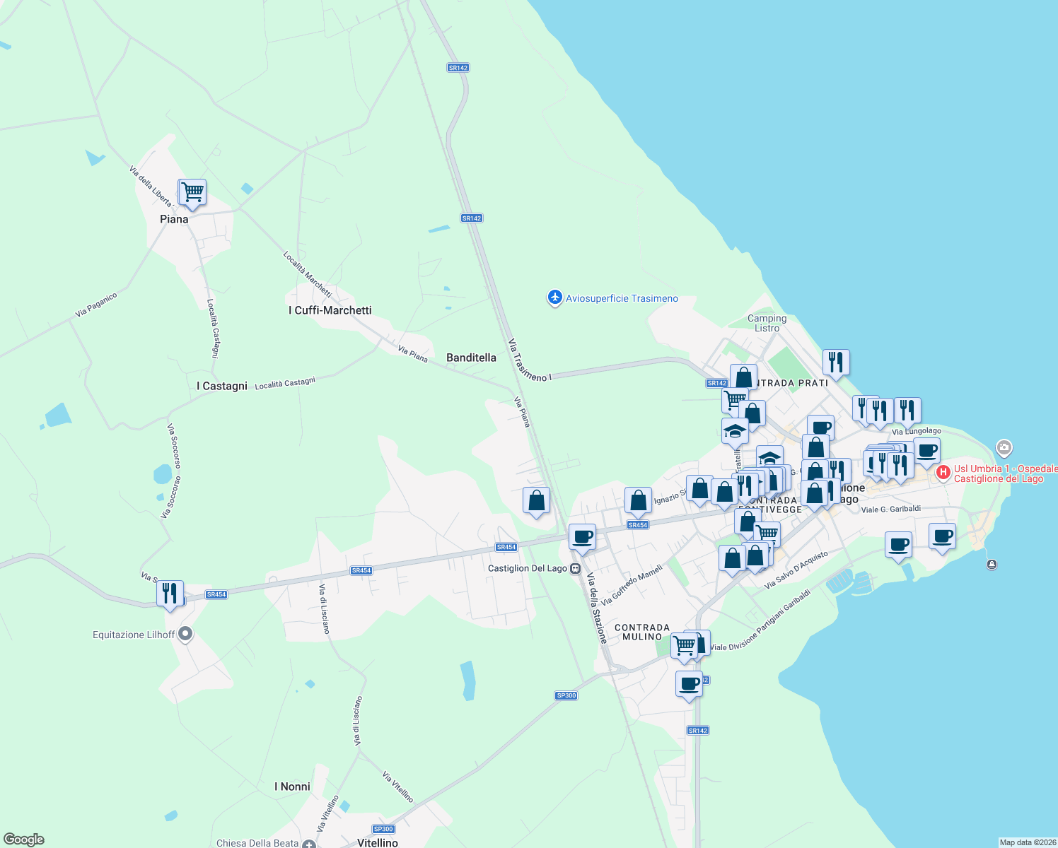 map of restaurants, bars, coffee shops, grocery stores, and more near 13 Via Piana in Castiglione del Lago
