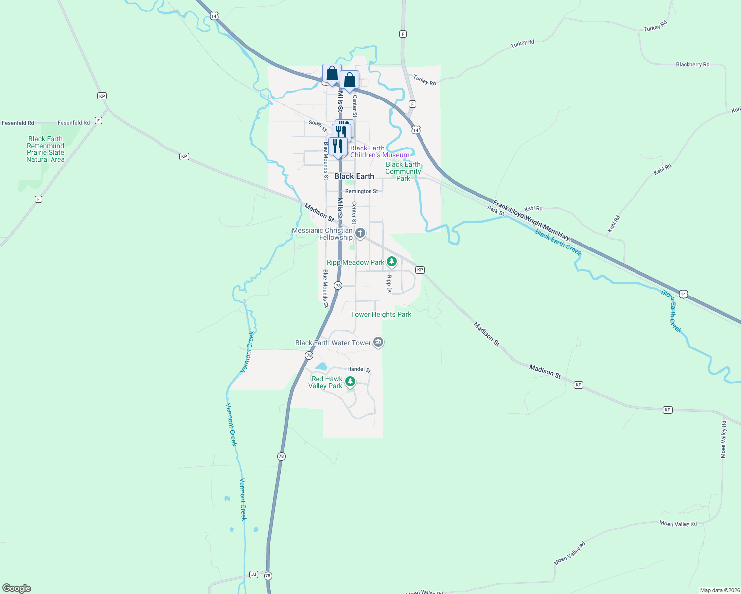 map of restaurants, bars, coffee shops, grocery stores, and more near 1310 Thorson Dr in Black Earth