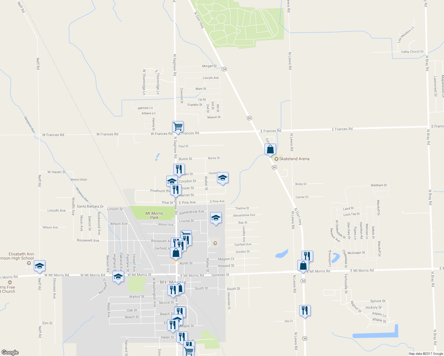 map of restaurants, bars, coffee shops, grocery stores, and more near 1179 Corydon Drive in Mount Morris
