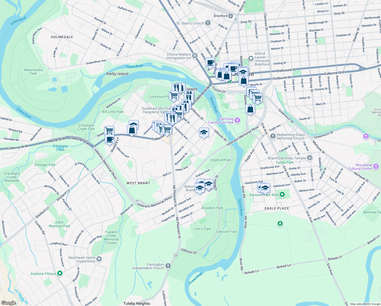 map of restaurants, bars, coffee shops, grocery stores, and more near 7 Patricia Street in Brantford