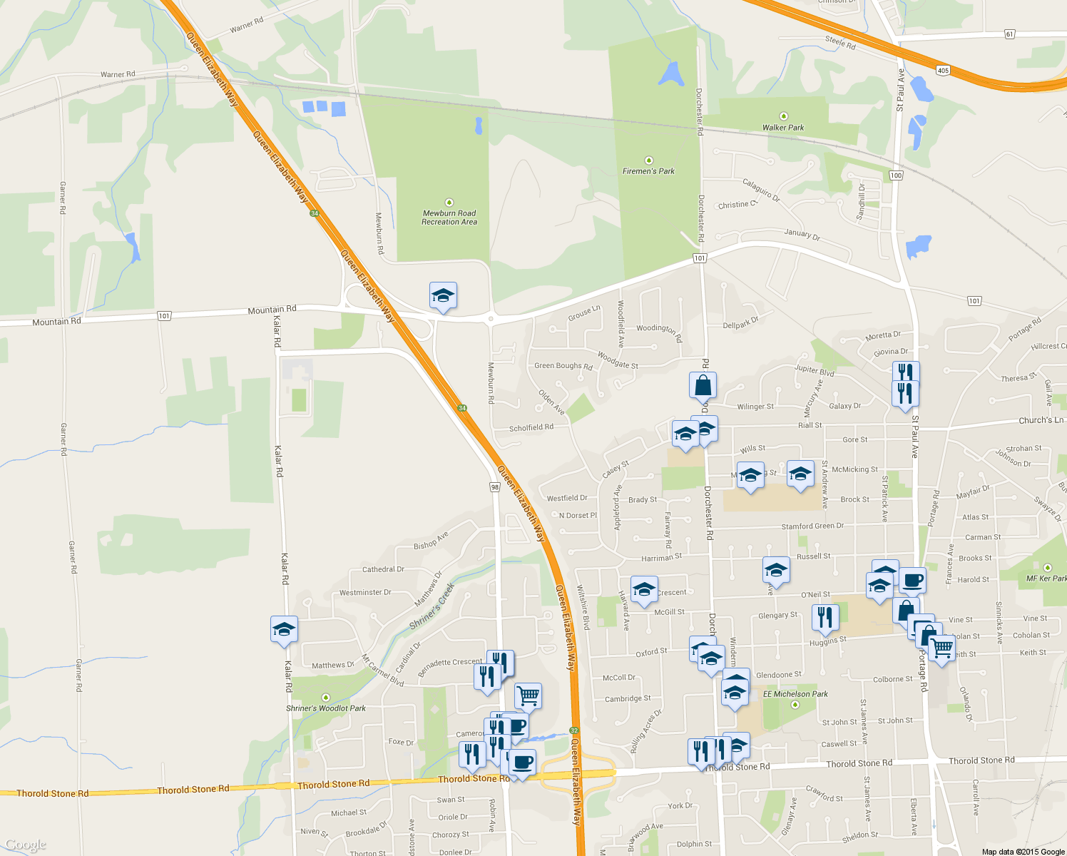 map of restaurants, bars, coffee shops, grocery stores, and more near 7491 Scholfield Road in Niagara Falls