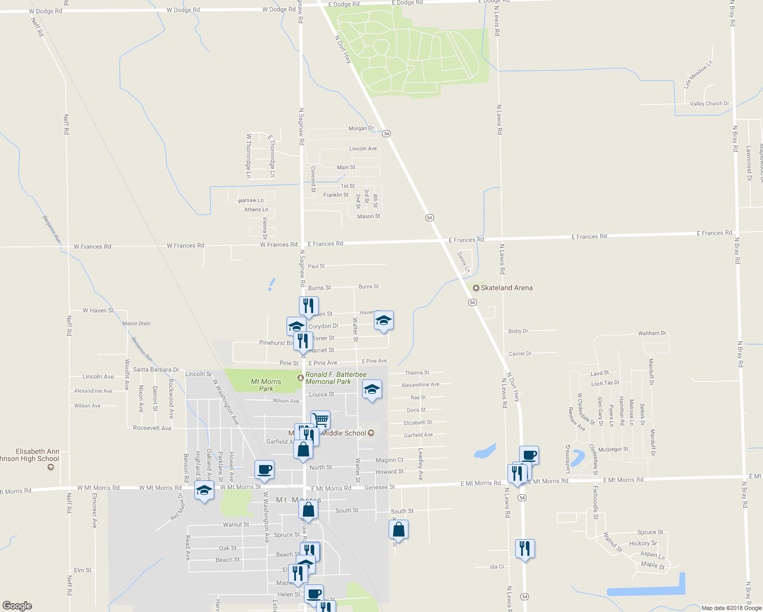 map of restaurants, bars, coffee shops, grocery stores, and more near 1175 Haven Street in Mount Morris