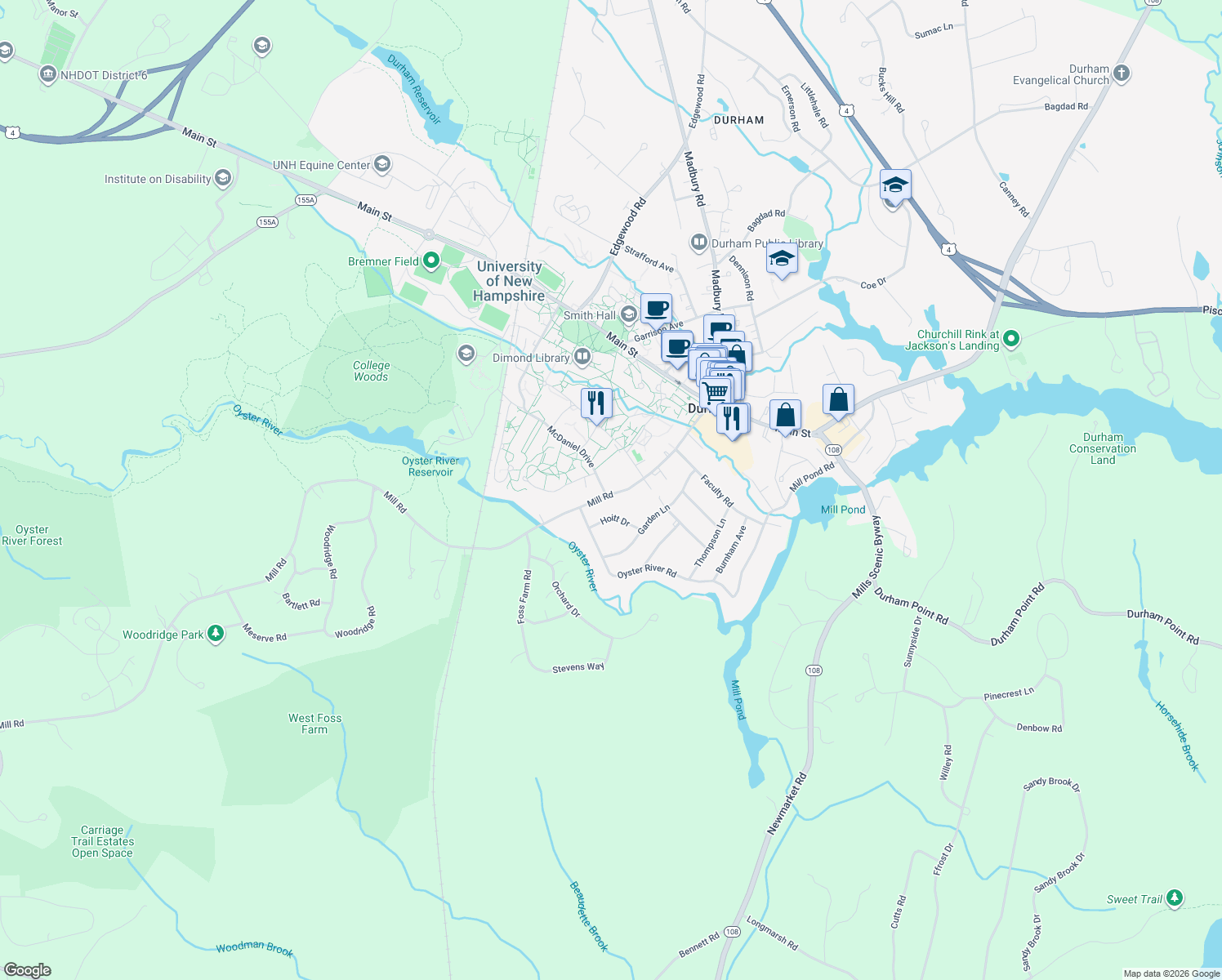 map of restaurants, bars, coffee shops, grocery stores, and more near 32 Mill Road in Durham