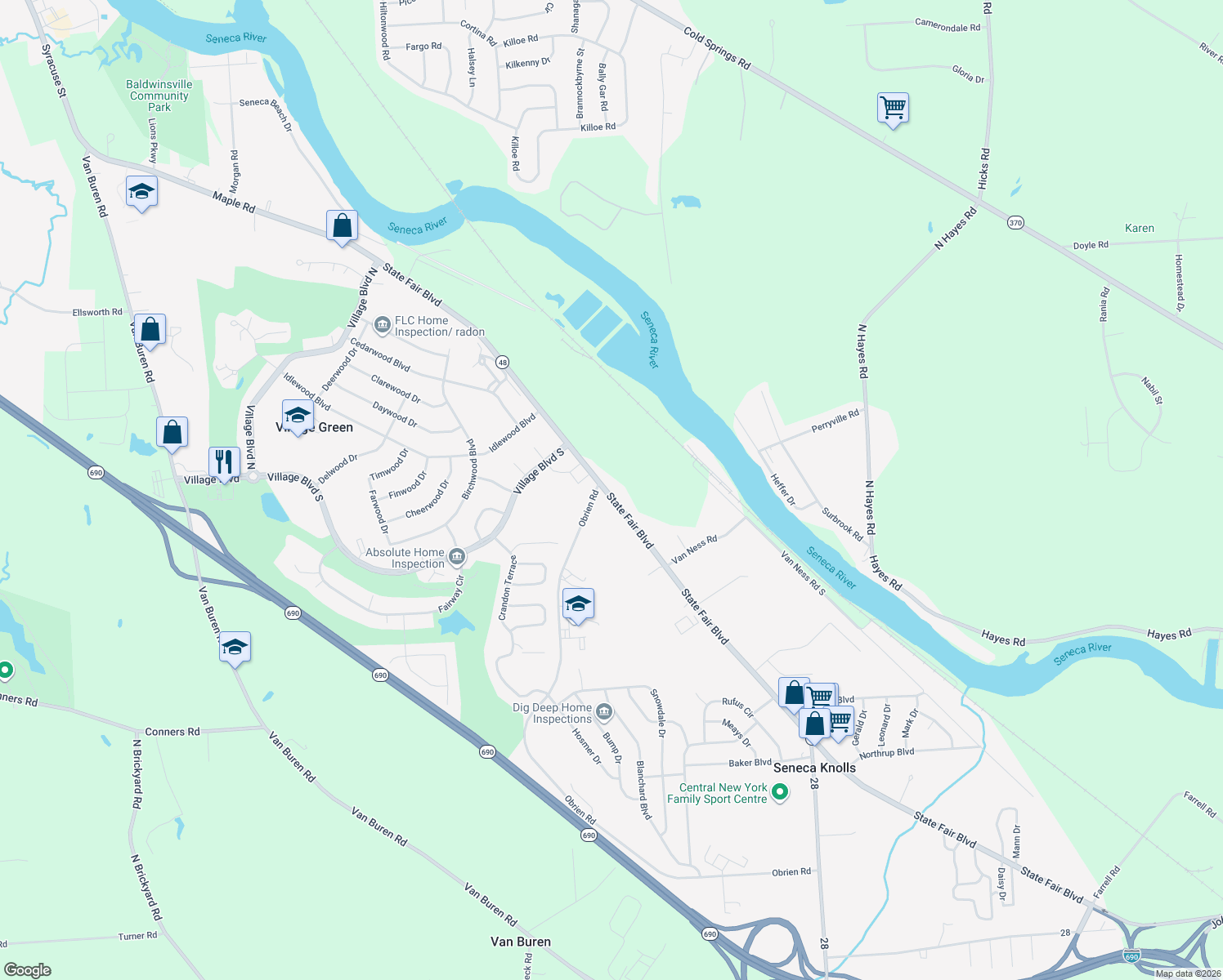 map of restaurants, bars, coffee shops, grocery stores, and more near 7444 State Fair Blvd in Baldwinsville