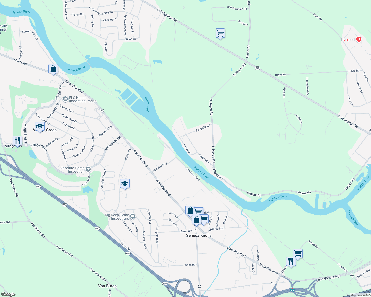 map of restaurants, bars, coffee shops, grocery stores, and more near 7451 Gordon Rd in Baldwinsville