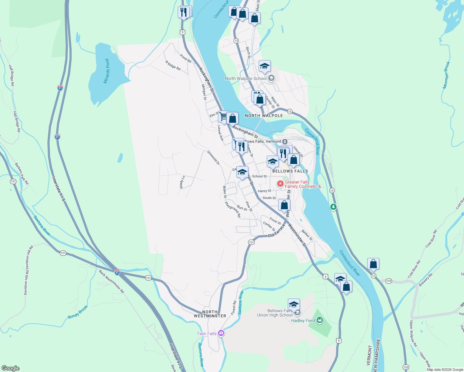 map of restaurants, bars, coffee shops, grocery stores, and more near 5 Brown St in Rockingham
