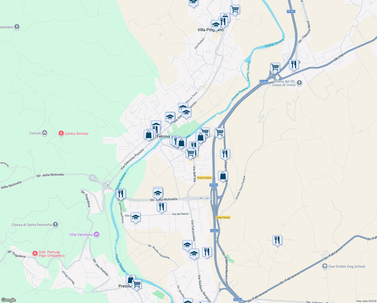 map of restaurants, bars, coffee shops, grocery stores, and more near 15 Via delle Felci in Perugia