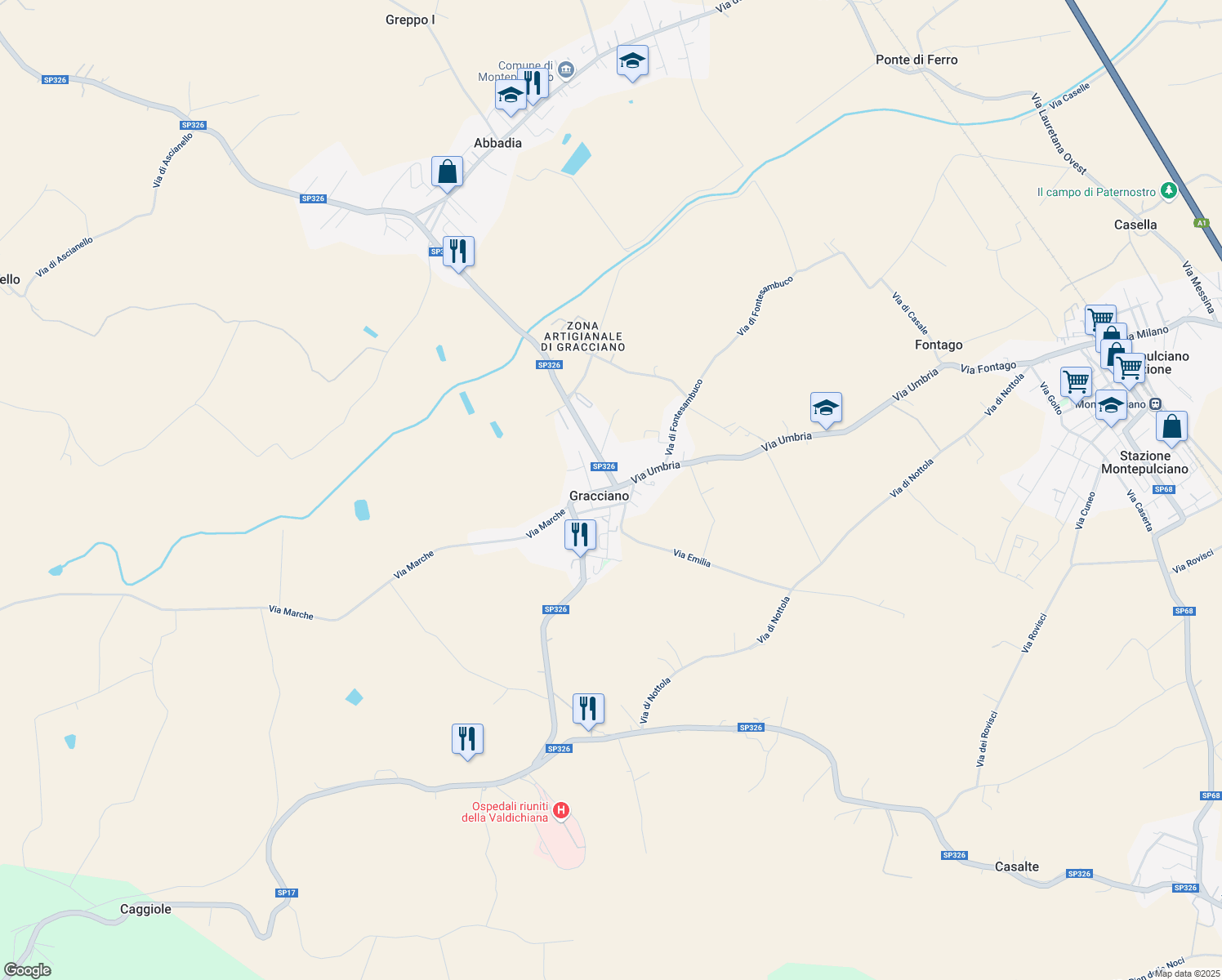 map of restaurants, bars, coffee shops, grocery stores, and more near 11 Via Umbria in Gracciano