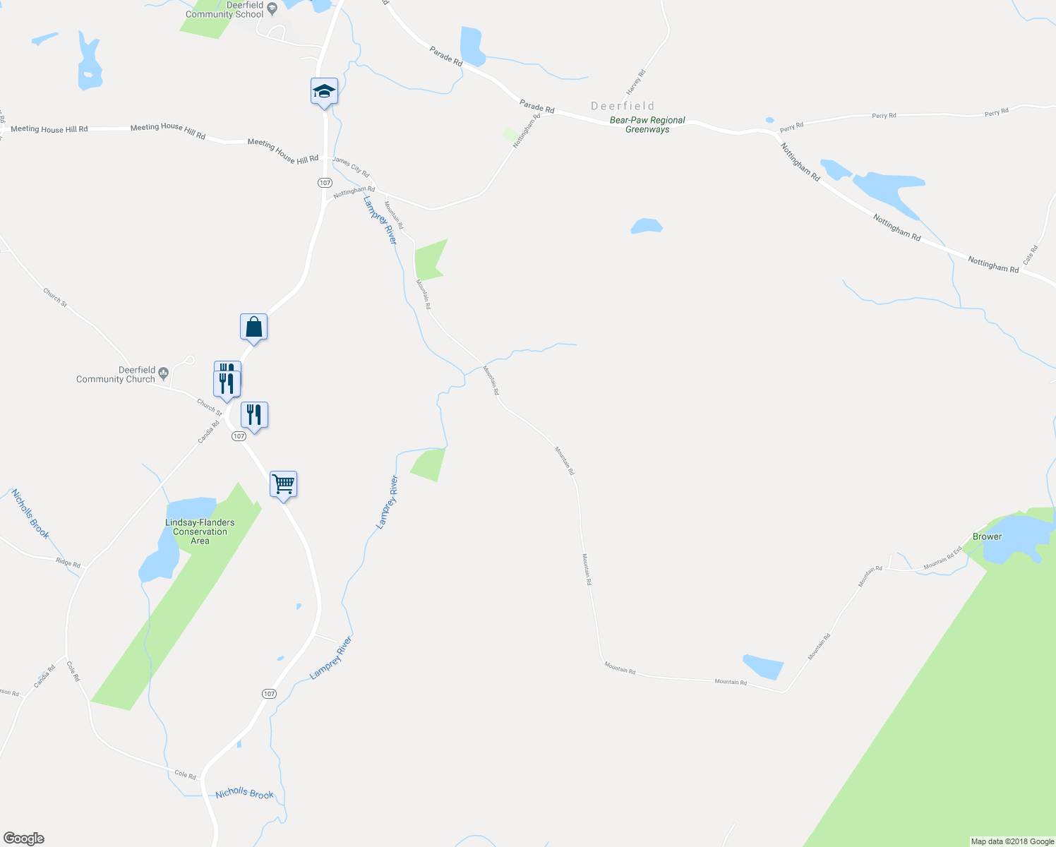 map of restaurants, bars, coffee shops, grocery stores, and more near 45 Mountain Road in Deerfield