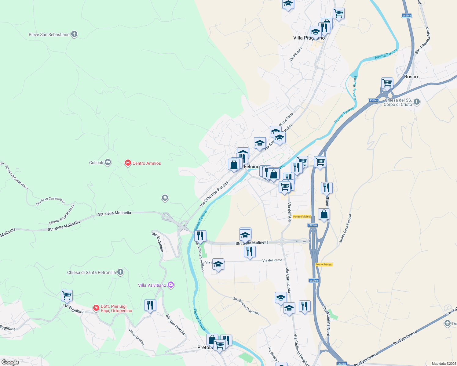 map of restaurants, bars, coffee shops, grocery stores, and more near 84 Via Giacomo Puccini in Perugia