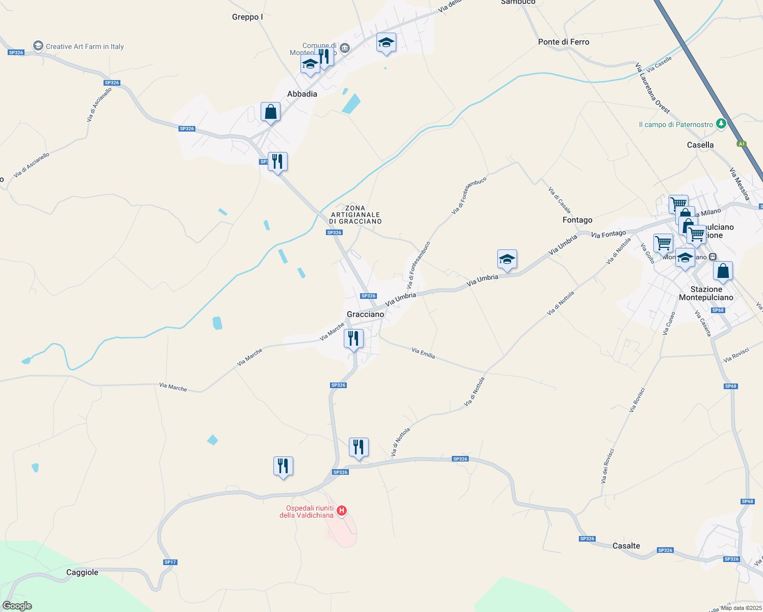 map of restaurants, bars, coffee shops, grocery stores, and more near 11 Via Umbria in Gracciano