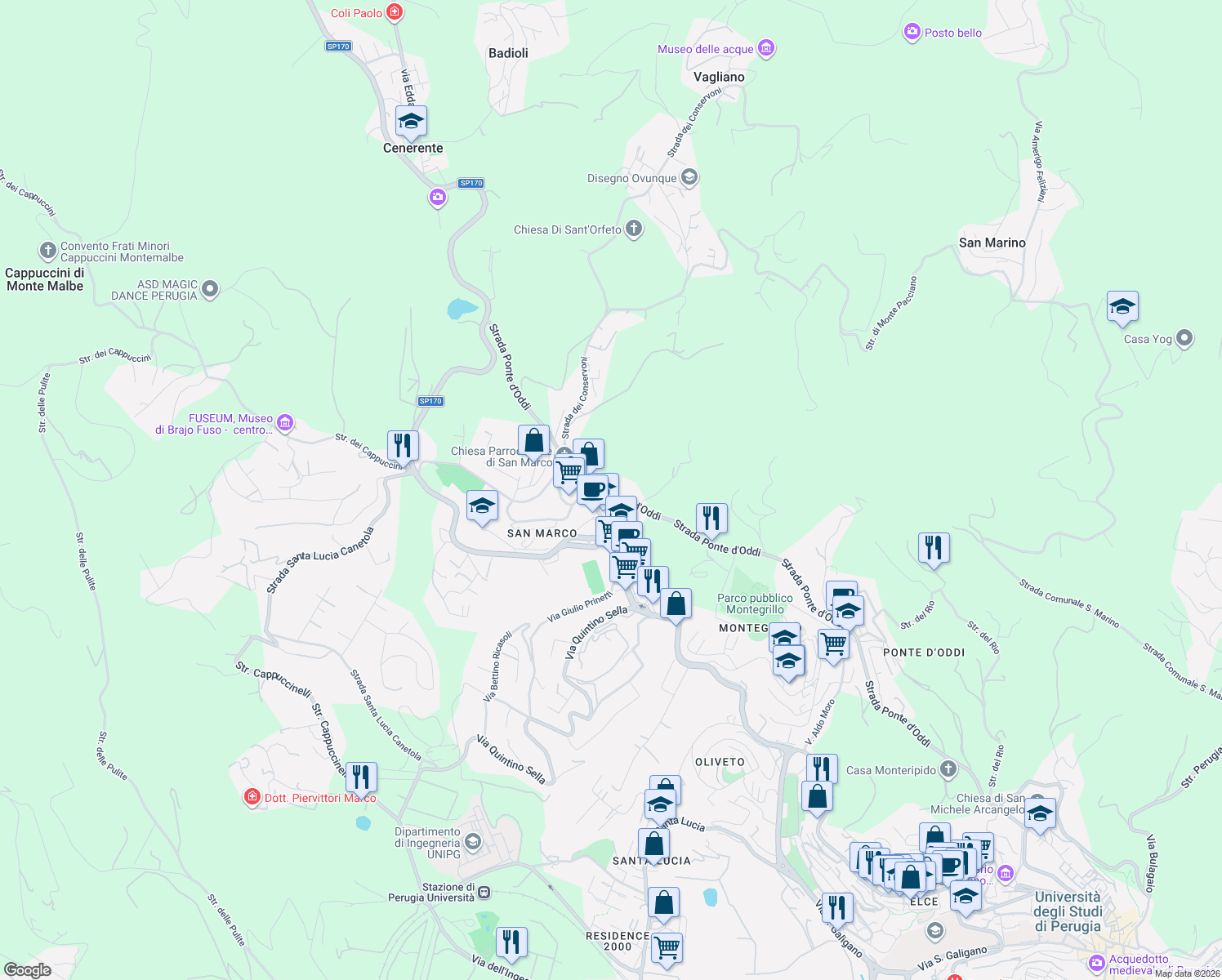 map of restaurants, bars, coffee shops, grocery stores, and more near 203 Strada Ponte d'Oddi in Provincia di Perugia