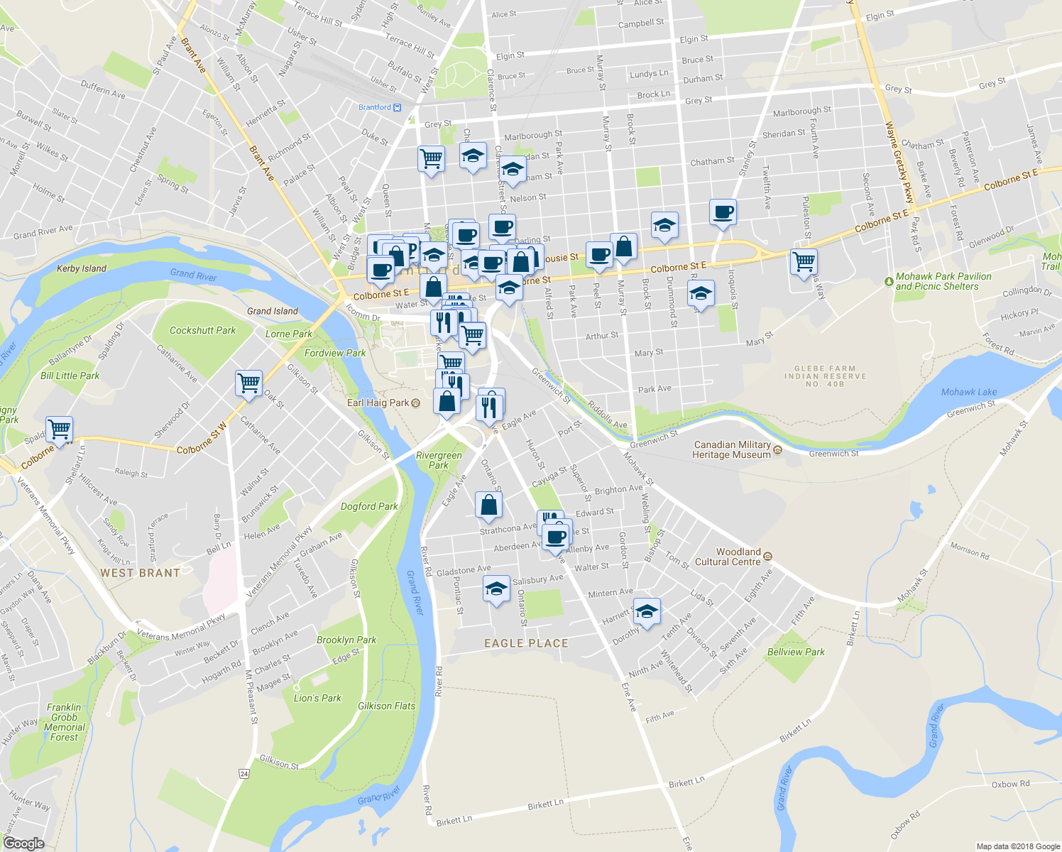 map of restaurants, bars, coffee shops, grocery stores, and more near 8 Huron Street in Brantford