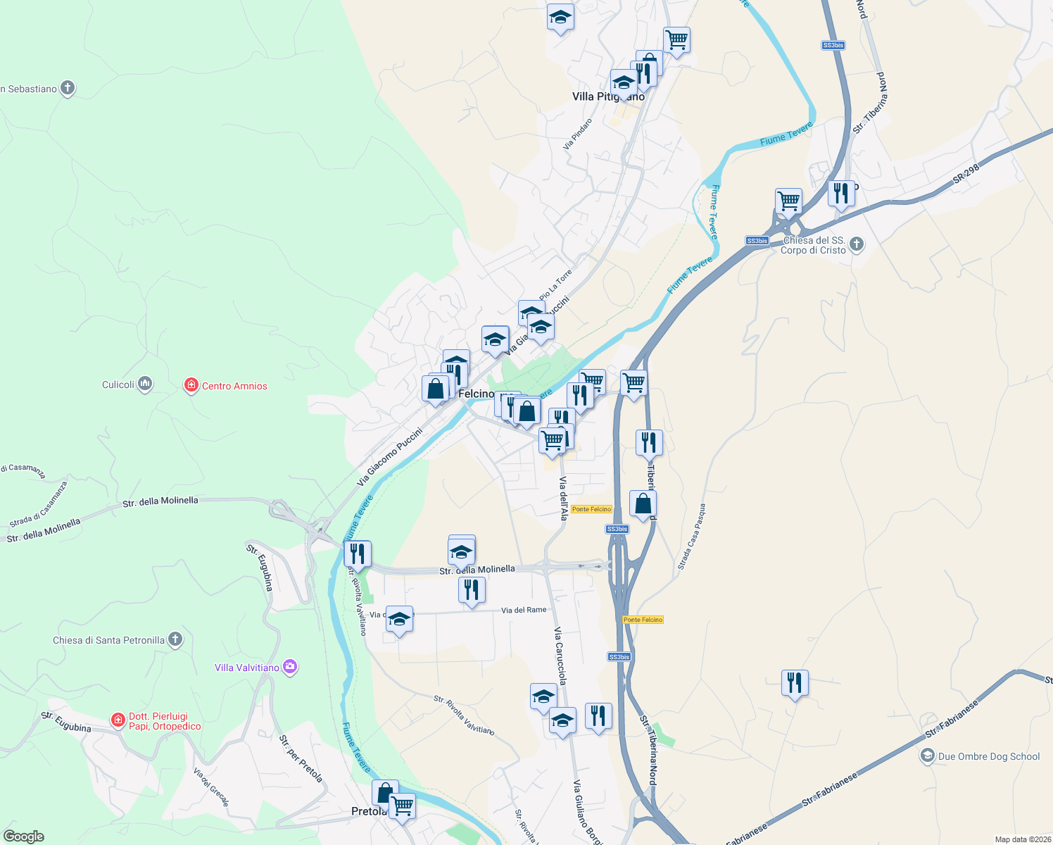 map of restaurants, bars, coffee shops, grocery stores, and more near 15 Via delle Felci in Perugia