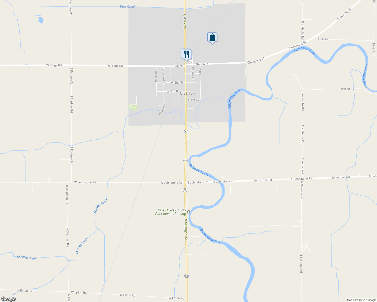 map of restaurants, bars, coffee shops, grocery stores, and more near 19677 Michigan 52 in Oakley