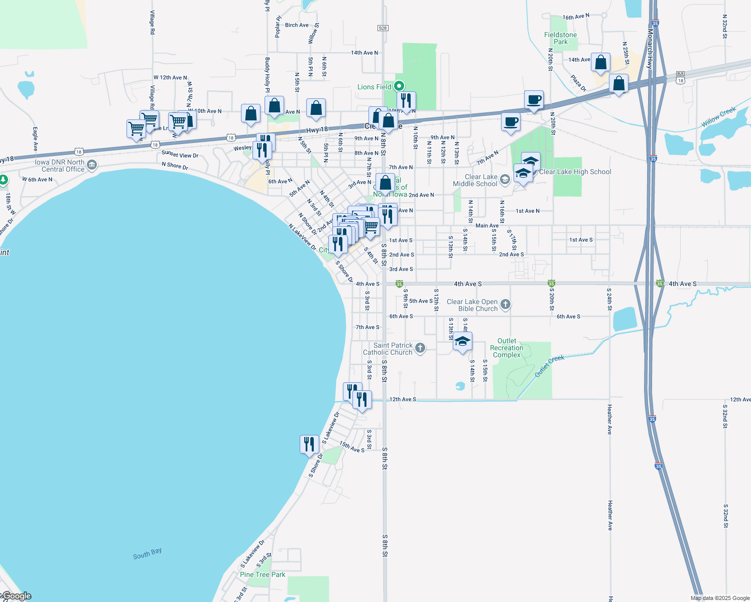 map of restaurants, bars, coffee shops, grocery stores, and more near 309 5th Avenue South in Clear Lake