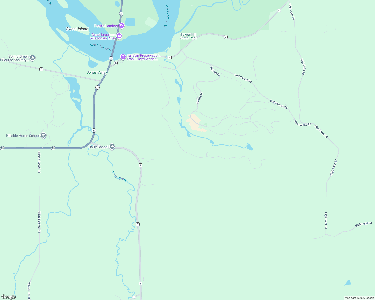 map of restaurants, bars, coffee shops, grocery stores, and more near 1607 South Springs Drive in Spring Green