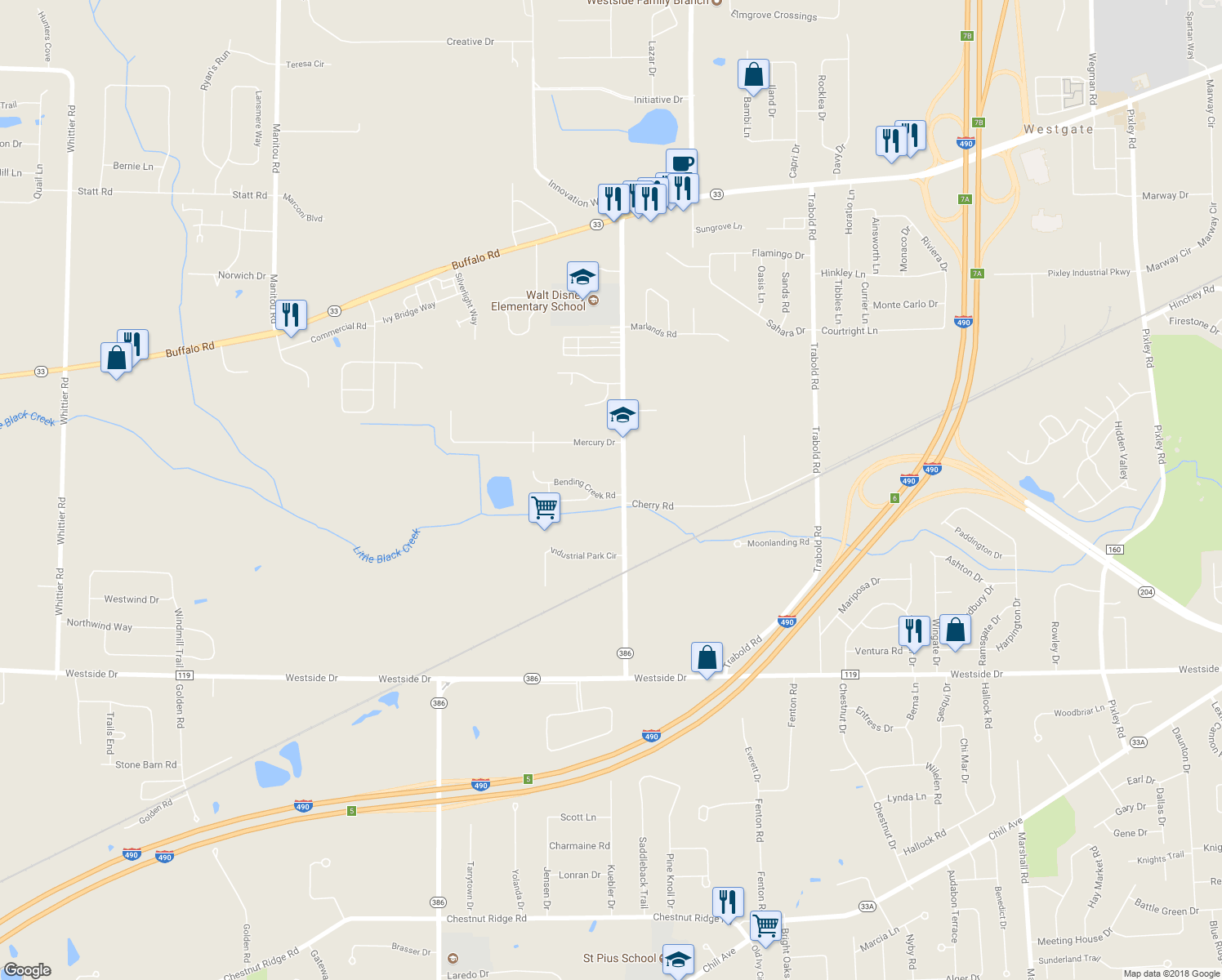 map of restaurants, bars, coffee shops, grocery stores, and more near 495 Coldwater Road in Rochester