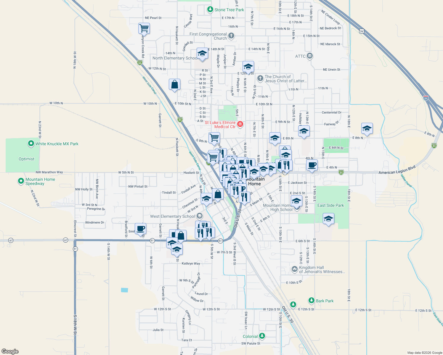 map of restaurants, bars, coffee shops, grocery stores, and more near 125 E 4th N St in Mountain Home