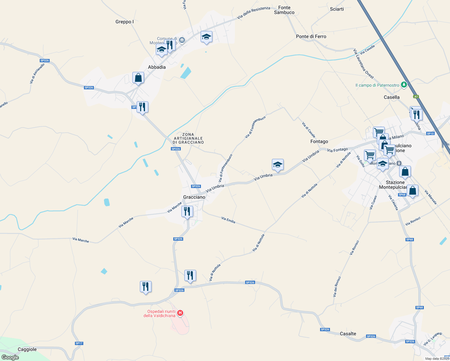 map of restaurants, bars, coffee shops, grocery stores, and more near 55 Via Umbria in Gracciano