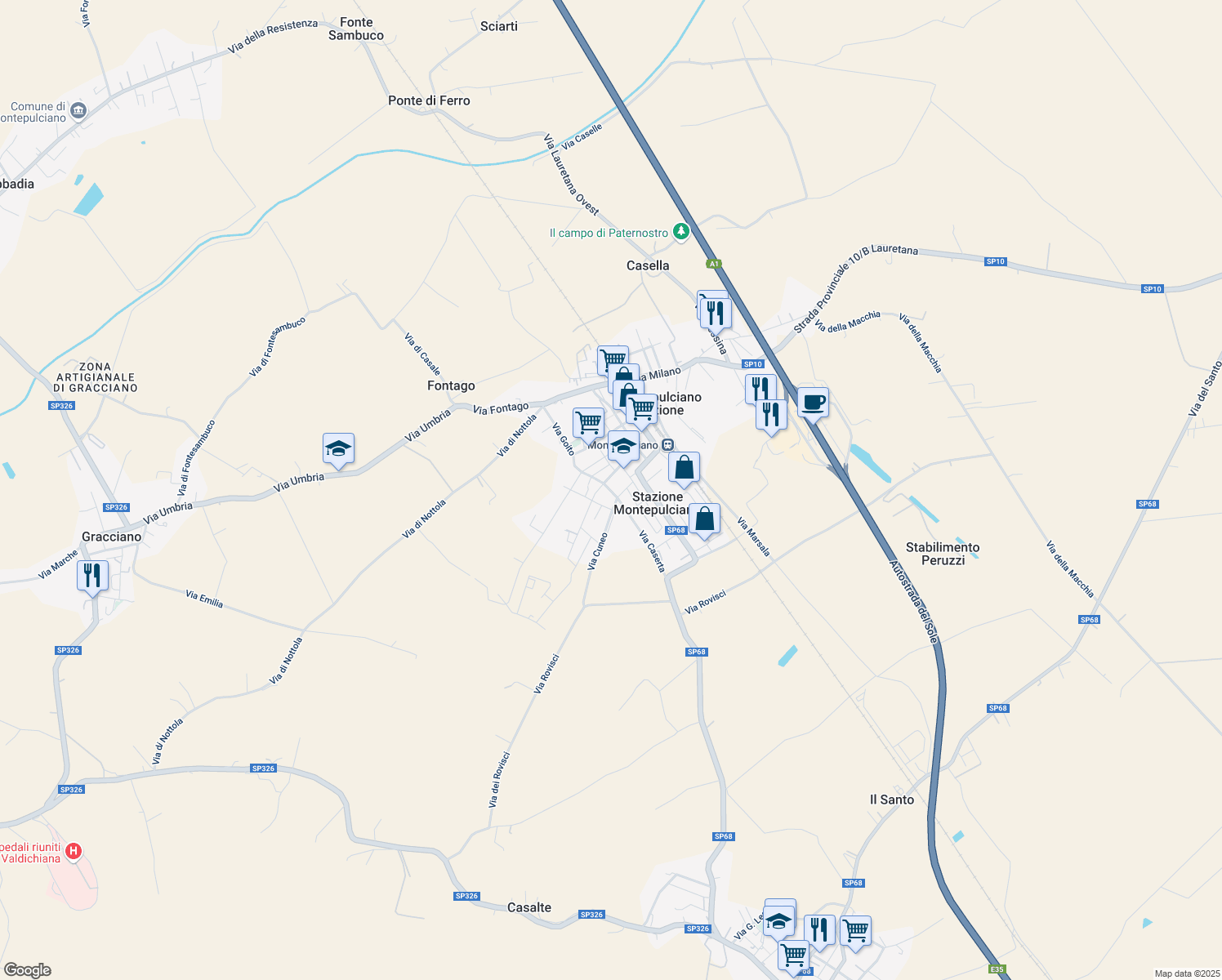 map of restaurants, bars, coffee shops, grocery stores, and more near 2 Via Catania in Montepulciano Stazione