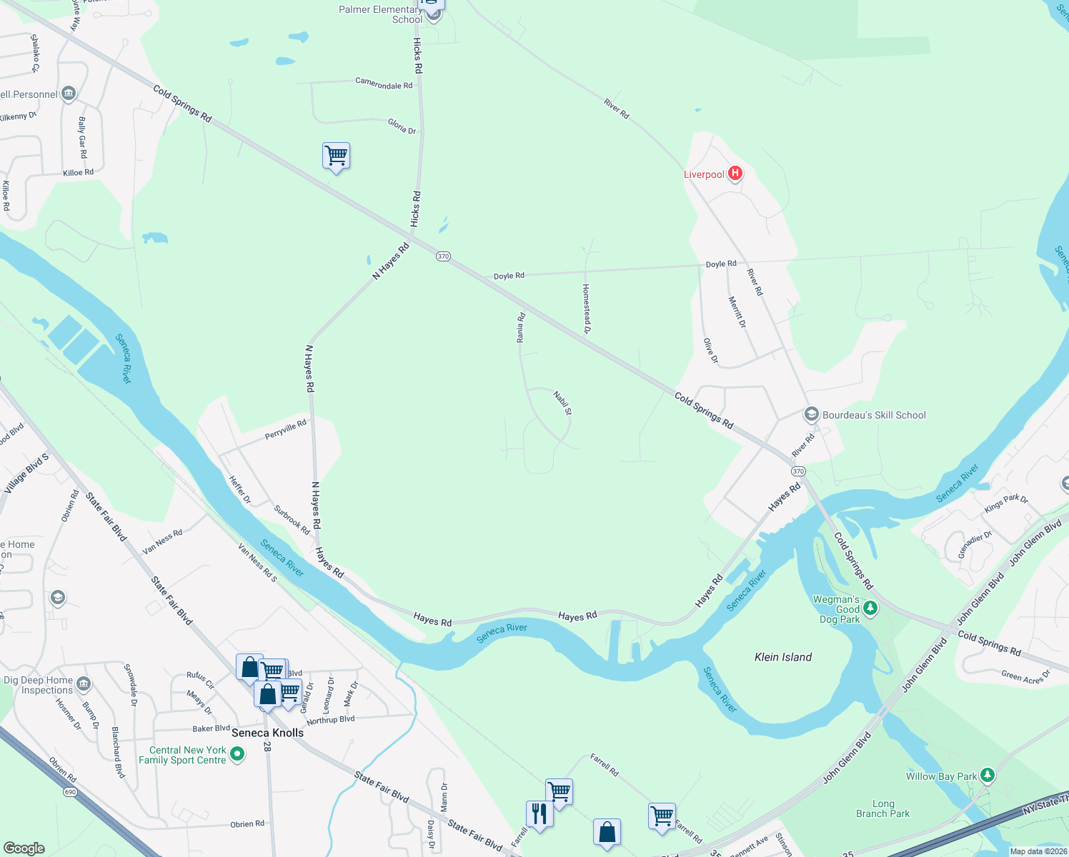 map of restaurants, bars, coffee shops, grocery stores, and more near 7564 Rania Road in Baldwinsville