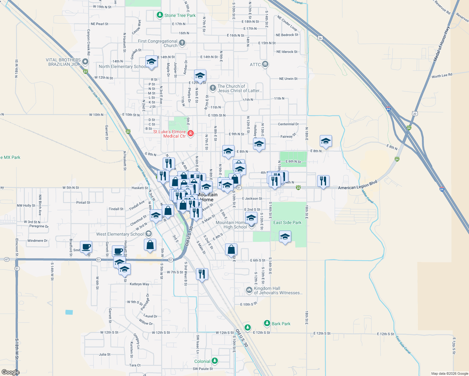 map of restaurants, bars, coffee shops, grocery stores, and more near 1000 American Legion Blvd in Mountain Home