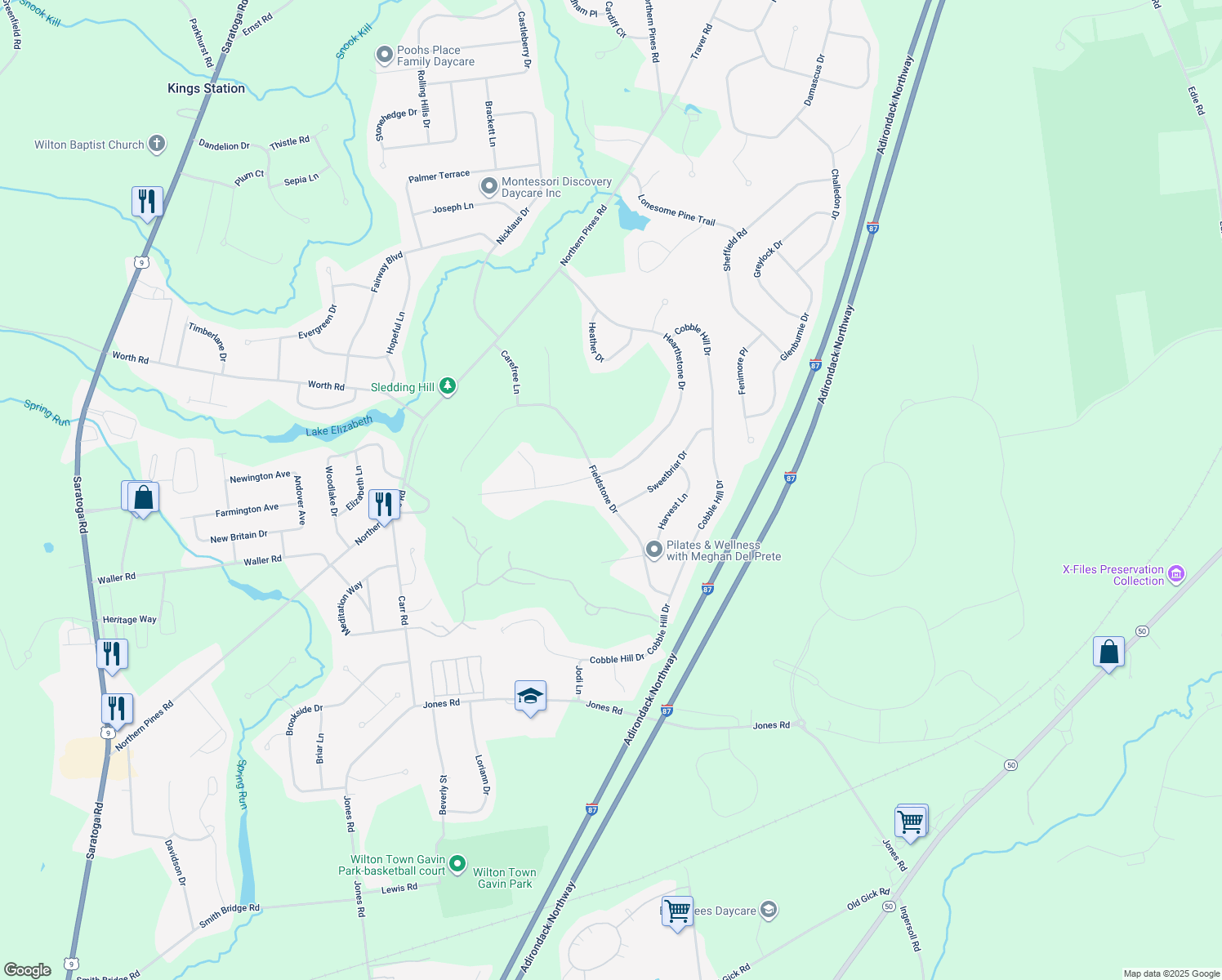 map of restaurants, bars, coffee shops, grocery stores, and more near 84 Fieldstone Drive in Gansevoort