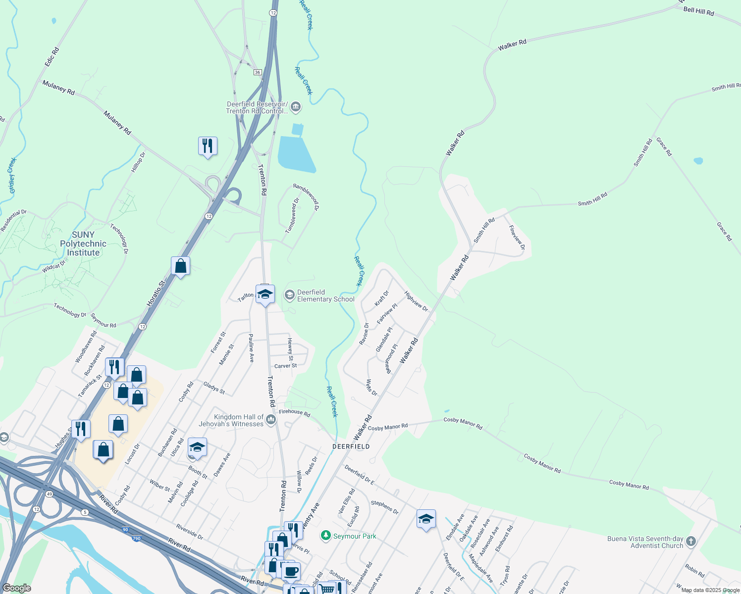map of restaurants, bars, coffee shops, grocery stores, and more near 718 Ravine Drive in Utica