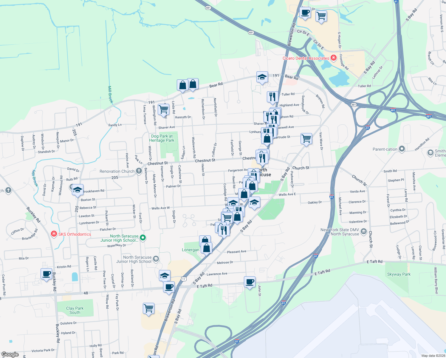 map of restaurants, bars, coffee shops, grocery stores, and more near 101 Coolidge Rd in Syracuse