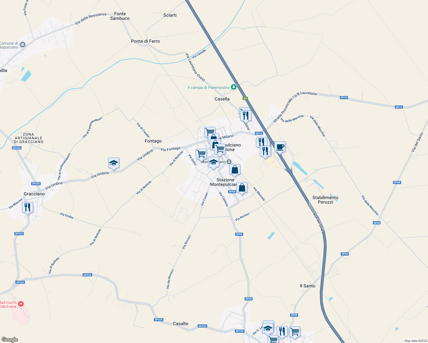 map of restaurants, bars, coffee shops, grocery stores, and more near 2 Via Catania in Montepulciano Stazione