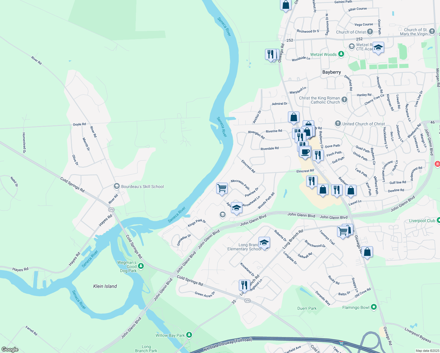 map of restaurants, bars, coffee shops, grocery stores, and more near 7523 Elmcrest Rd in Liverpool