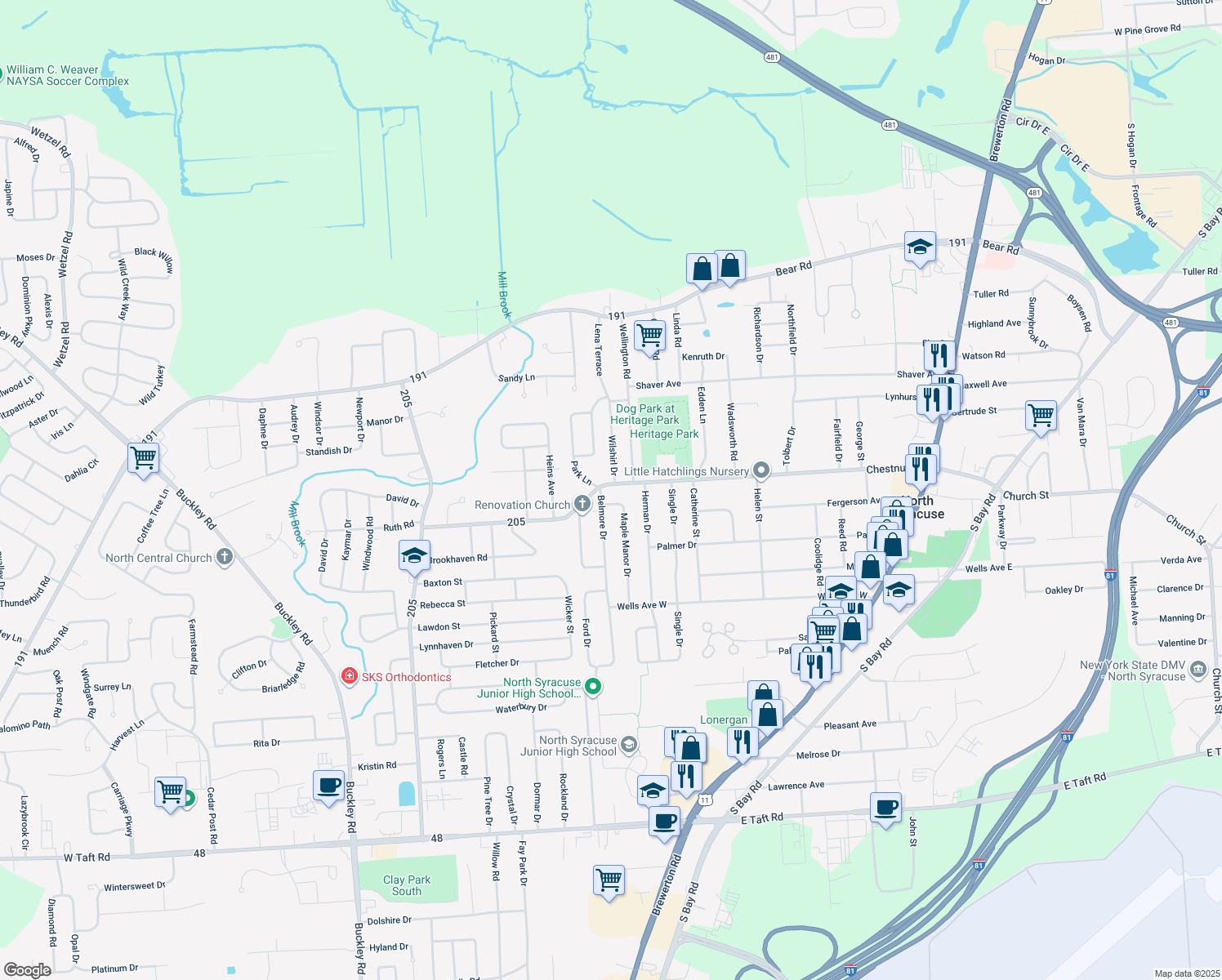 map of restaurants, bars, coffee shops, grocery stores, and more near 101 Belmore Drive in Syracuse