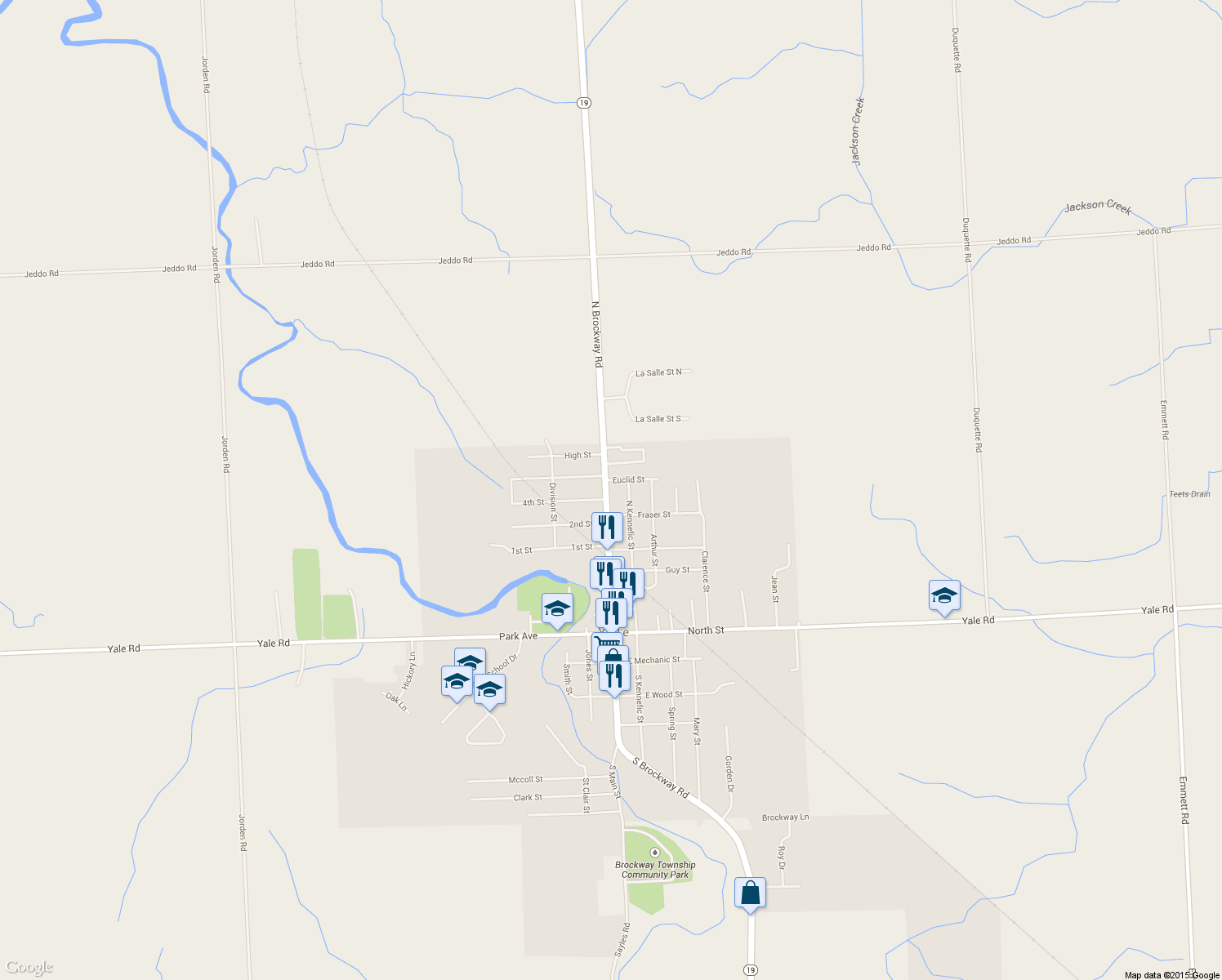 map of restaurants, bars, coffee shops, grocery stores, and more near 410 N Main St in Yale