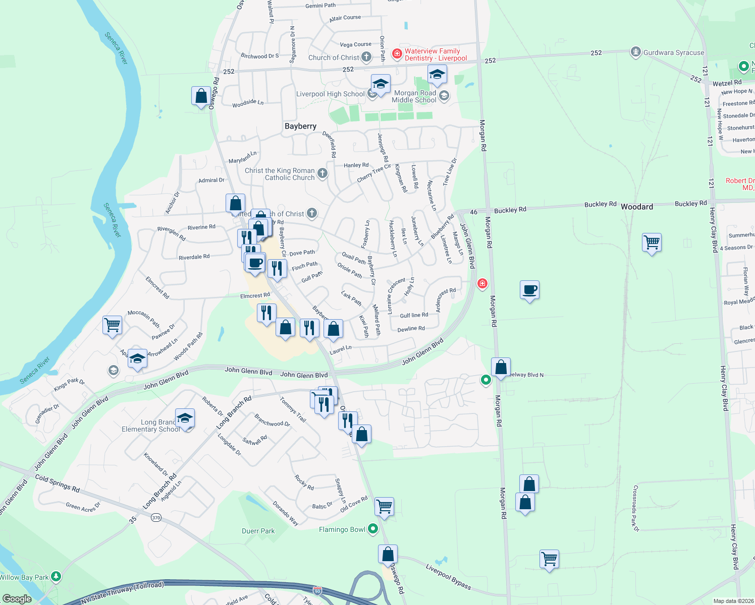 map of restaurants, bars, coffee shops, grocery stores, and more near 80 Bayberry Cir in Liverpool