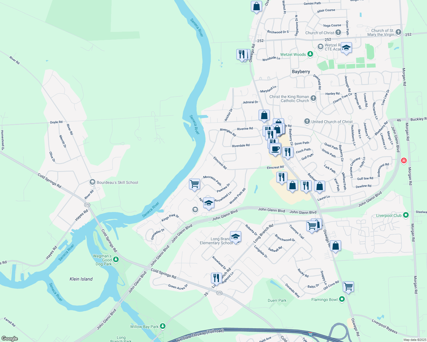map of restaurants, bars, coffee shops, grocery stores, and more near 110 Elmcrest Cir in Liverpool