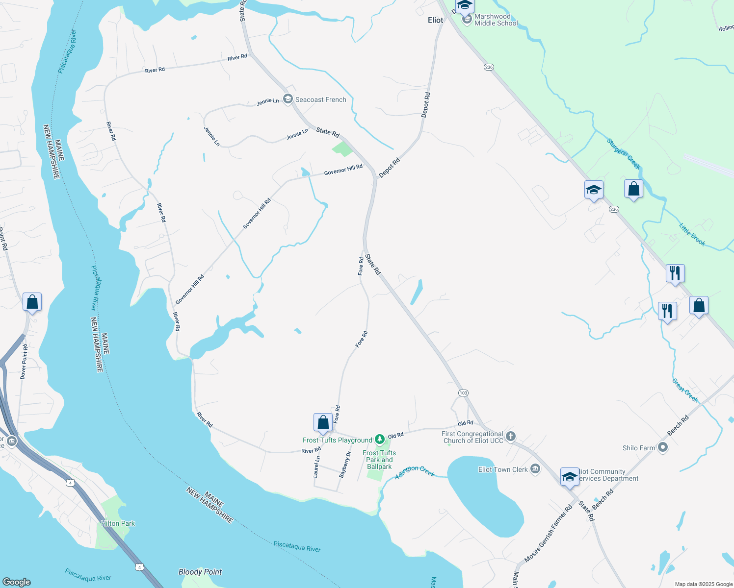 map of restaurants, bars, coffee shops, grocery stores, and more near 239 Fore Road in Eliot